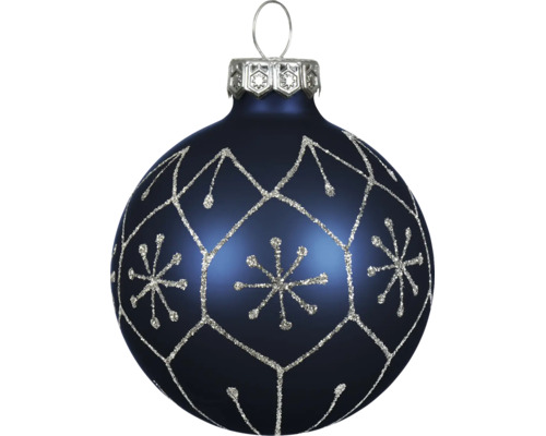 Blaue Christbaumkugel mit silbernem Glitzermuster und Schneeflocken.