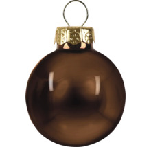 Glänzende braune Weihnachtskugel aus Glas mit dekorativer Metallkappe und Aufhängeschlaufe.