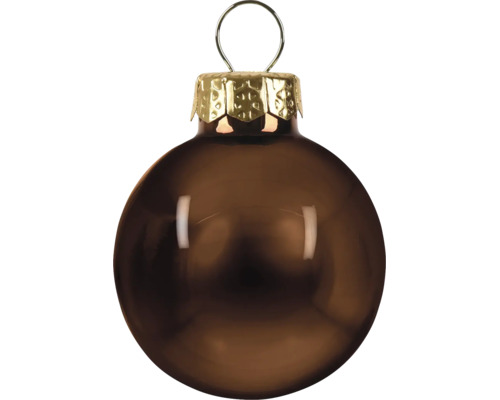 Glänzende braune Weihnachtskugel aus Glas mit dekorativer Metallkappe und Aufhängeschlaufe.
