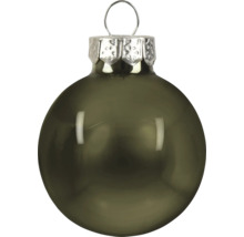 Glänzende Weihnachtskugel aus Glas in Olivgrün mit silberfarbener Kappe und Öse.