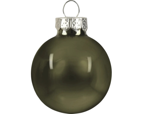Glänzende Weihnachtskugel aus Glas in Olivgrün mit silberfarbener Kappe und Öse.