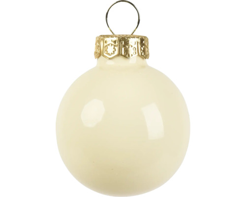 Glänzende Weihnachtskugel in Cremeweiß aus Glas mit goldfarbenem Aufhänger.