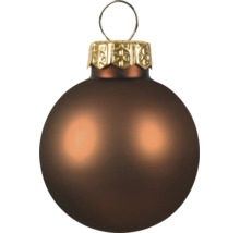 Christbaumkugel aus Glas, matt braun, mit goldfarbener Kappe und Aufhänger.