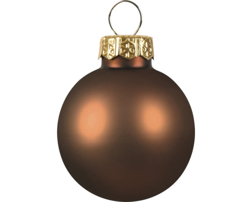 Christbaumkugel aus Glas, matt braun, mit goldfarbener Kappe und Aufhänger.