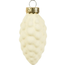 Cremefarbener Weihnachtsbaumschmuck aus Glas in Form eines Tannenzapfens mit strukturierter Oberfläche und goldfarbener Aufhängung.