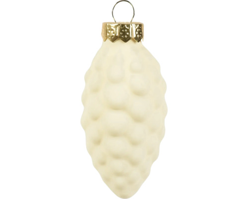 Cremefarbener Weihnachtsbaumschmuck aus Glas in Form eines Tannenzapfens mit strukturierter Oberfläche und goldfarbener Aufhängung.