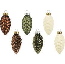 Sechsteiliges Set Christbaumschmuck aus Glas in Zapfenform mit Aufhängern.