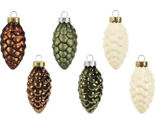 Sechsteiliges Set Christbaumschmuck aus Glas in Zapfenform mit Aufhängern.