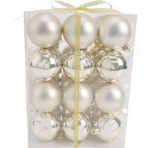 Set mit 12 Weihnachtskugeln aus Glas, matt und glänzend, in einer transparenten Box.