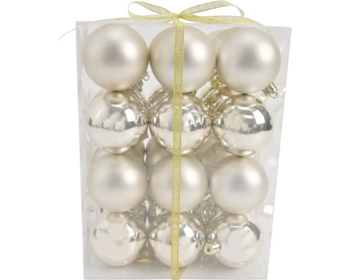 Set mit 12 Weihnachtskugeln aus Glas, matt und glänzend, in einer transparenten Box.