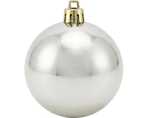 Glänzende silberne Christbaumkugel mit goldener Aufhängung.