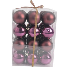 Set aus Weihnachtsbaumkugeln in Beere, matt und glänzend, verpackt in einer transparenten Box mit Schleife.