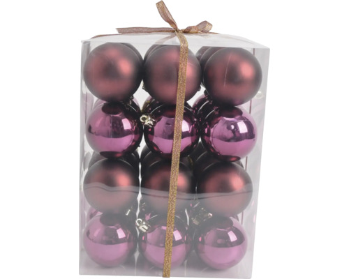 Set aus Weihnachtsbaumkugeln in Beere, matt und glänzend, verpackt in einer transparenten Box mit Schleife.