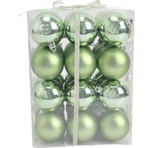 12 grüne Weihnachtskugeln in matter und glänzender Ausführung, verpackt in einer transparenten Box mit Schleife.