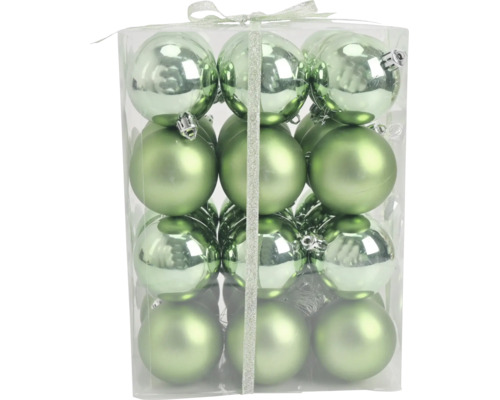 12 grüne Weihnachtskugeln in matter und glänzender Ausführung, verpackt in einer transparenten Box mit Schleife.