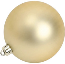 Matte champagnerfarbene Christbaumkugel aus Glas mit silberner Aufhängung.