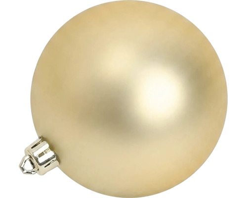 Matte champagnerfarbene Christbaumkugel aus Glas mit silberner Aufhängung.