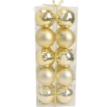 Transparente Box mit zehn goldenen Weihnachtskugeln, teils glänzend und teils matt, dekoriert mit einer Schleife.