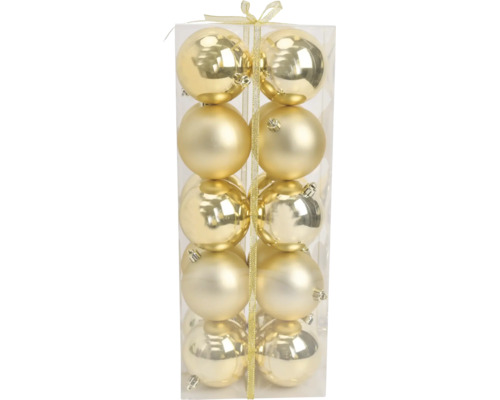 Transparente Box mit zehn goldenen Weihnachtskugeln, teils glänzend und teils matt, dekoriert mit einer Schleife.