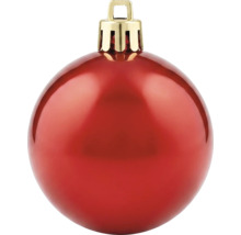 Rote Christbaumkugel mit goldfarbenem Aufhänger.