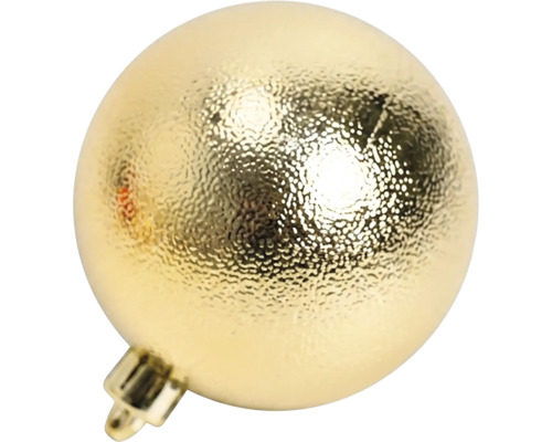 Goldene, strukturierte Weihnachtskugel mit glänzender Oberfläche und Aufhängekappe.