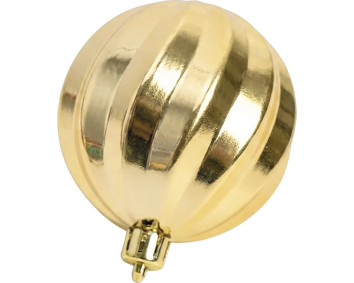 Glänzende, goldene Christbaumkugel mit Längsrillen und Aufhänger.