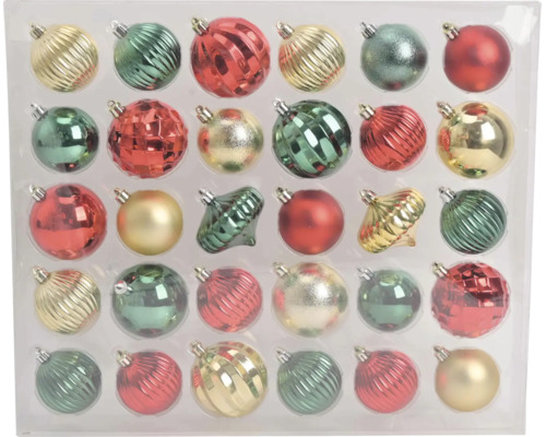 Weihnachtsbaumschmuck-Set 30 teilig mit Kugeln und verschiedenen Formen in Rot, Gold und Grün, Oberflächen glänzend, matt und strukturiert.