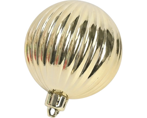 Goldene Weihnachtskugel aus Kunststoff mit Rillenstruktur und Aufhänger.