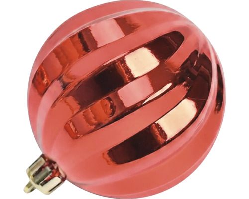 Rote Weihnachtskugel mit spiralförmigem Relief und glänzender Oberfläche.