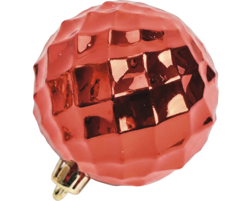 Rote Weihnachtsbaumkugel mit facettierter Oberfläche und glänzendem Finish.