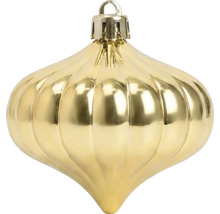 Goldene, zwiebelförmige Weihnachtskugel mit gerippter Oberfläche und metallischem Glanz.