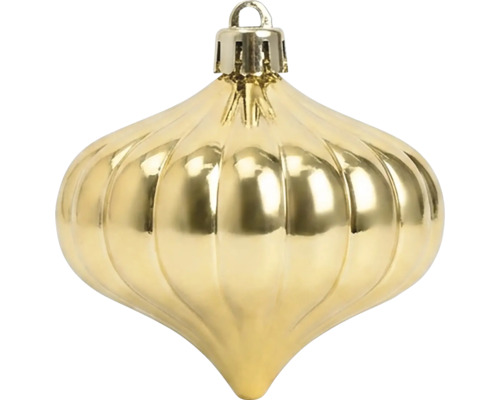 Goldene, zwiebelförmige Weihnachtskugel mit gerippter Oberfläche und metallischem Glanz.