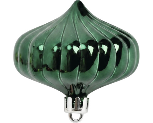 Grüner Weihnachtsbaumschmuck in Zwiebelform aus Glas, geriffelt, glänzend, mit silbernem Aufhänger.