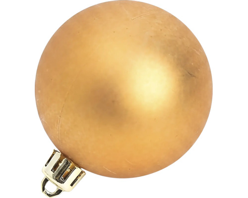 Goldfarbene Christbaumkugel mit matter Oberfläche und einer Metallöse zum Aufhängen.
