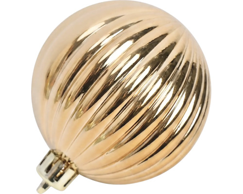 Goldene, geriffelte Weihnachtskugel mit glänzender Oberfläche.