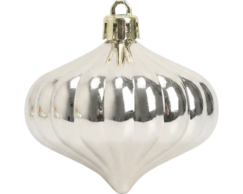Glänzender Christbaumschmuck in Zwiebelform mit vertikalen Rillen und einer Aufhängeöse.