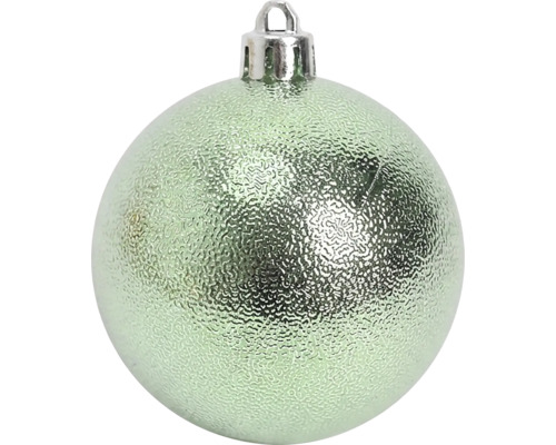 Runde, strukturierte Weihnachtskugel in Mintgrün mit silberner Aufhängung.