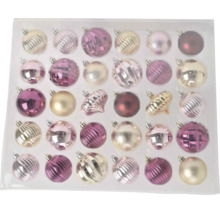 Set mit 30 Weihnachtsbaumkugeln in Rosa, Lila und Gold, verschiedene Formen mit glänzenden, matten und strukturierten Oberflächen.
