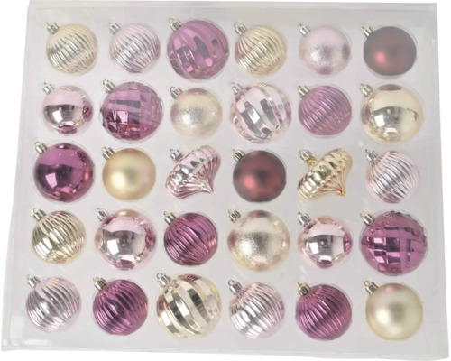 Set mit 30 Weihnachtsbaumkugeln in Rosa, Lila und Gold, verschiedene Formen mit glänzenden, matten und strukturierten Oberflächen.