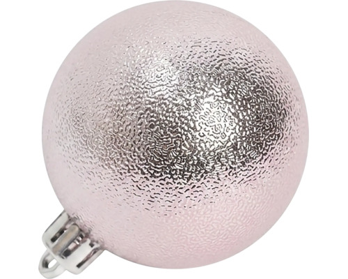 Strukturierte Christbaumkugel mit glänzendem Metallic-Finish und silberner Aufhängung.
