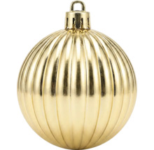 Goldfarbene Christbaumkugel mit vertikaler Riffelung und glänzender Oberfläche.