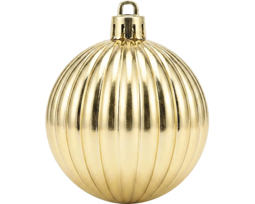 Goldfarbene Christbaumkugel mit vertikaler Riffelung und glänzender Oberfläche.