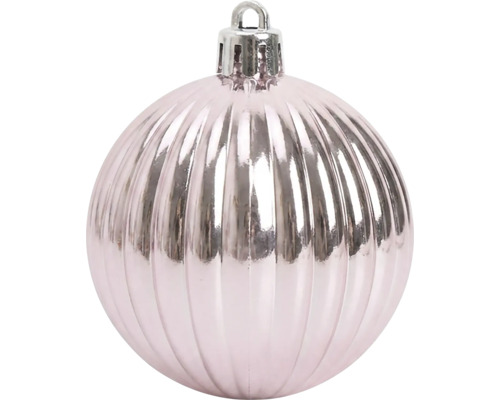 Glänzende, gerippte Christbaumkugel in Rosa mit silberner Aufhängung.