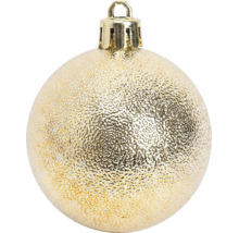 Goldfarbene, strukturierte Weihnachtskugel mit Aufhängung.
