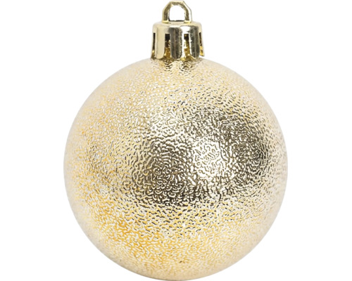 Goldfarbene, strukturierte Weihnachtskugel mit Aufhängung.
