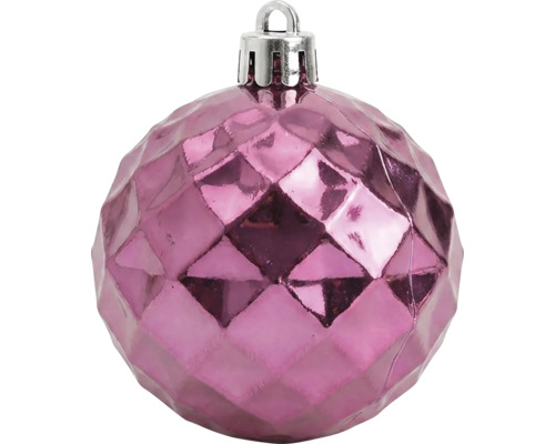 Pinke Christbaumkugel mit Facettenschliff, glänzend, Weihnachtsschmuck.