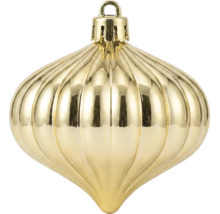 Goldene, geriffelte Christbaumkugel in Zwiebelform mit Aufhängeöse.