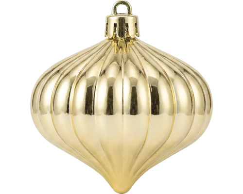 Goldene, geriffelte Christbaumkugel in Zwiebelform mit Aufhängeöse.