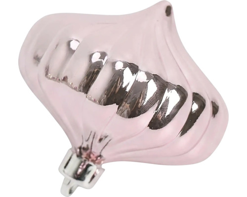 Zwiebelförmiger Christbaumschmuck mit vertikalen Rillen und einem metallischen Mittelband.