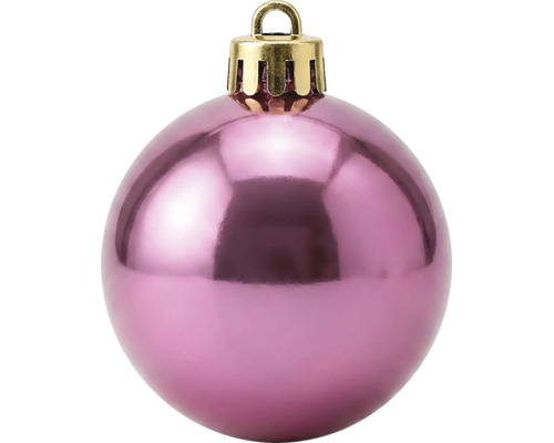 Glänzende Weihnachtskugel in Rosa mit goldener Kappe zum Aufhängen.